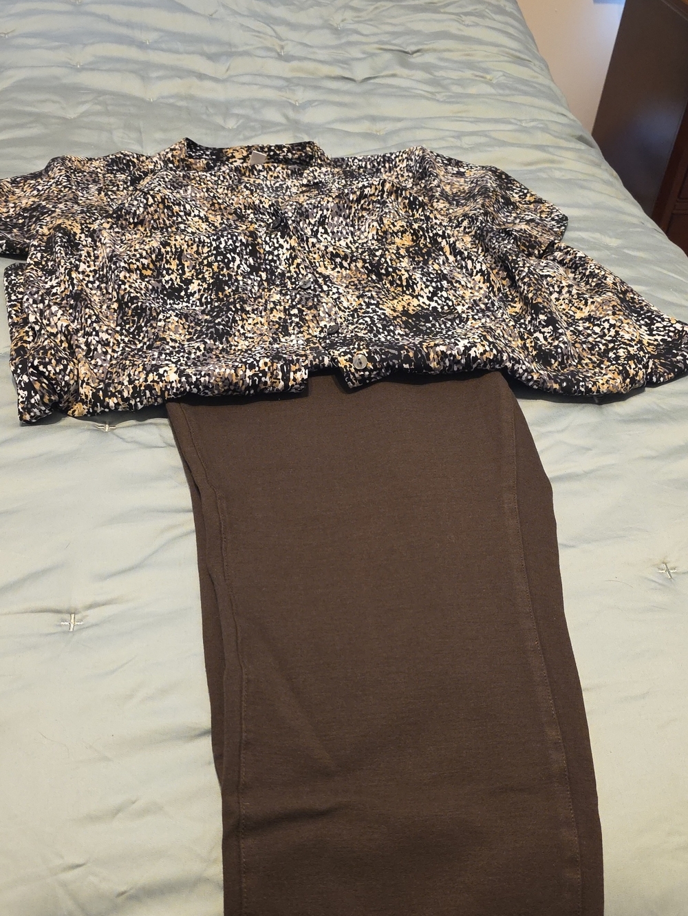 Two-Piece Outfit: Printed Top 2X & Solid Brown Jeans/Pants 20W